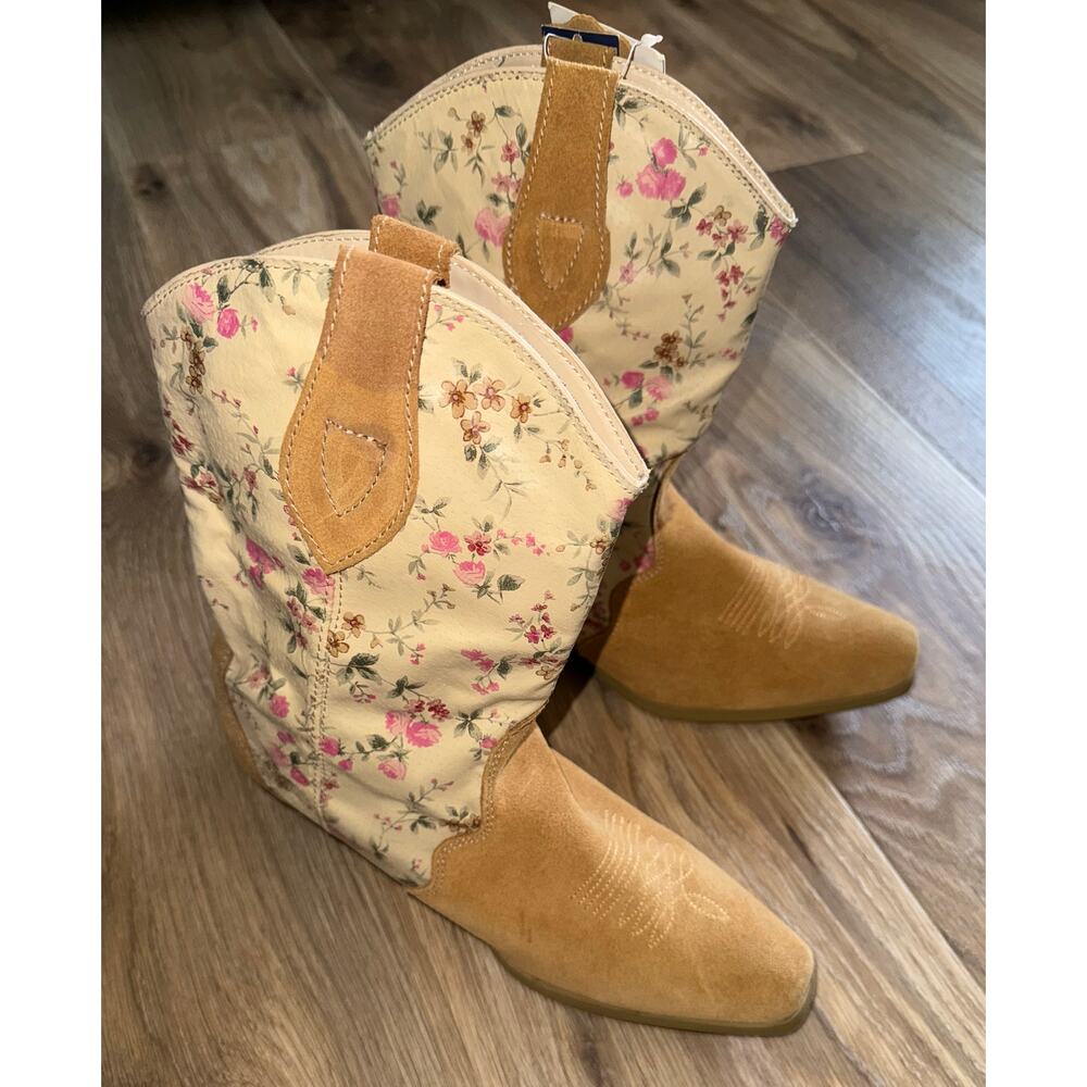 Santa Fe Boot Co Floral Leather & Suede Cream/Tan Harness Boot - size 8.5 - Q17